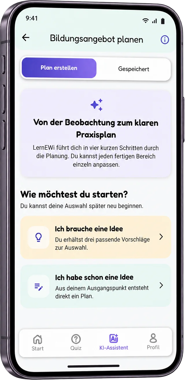 LernEWi Bildungsangebot planen: Start mit eigener Idee oder drei Vorschlägen.