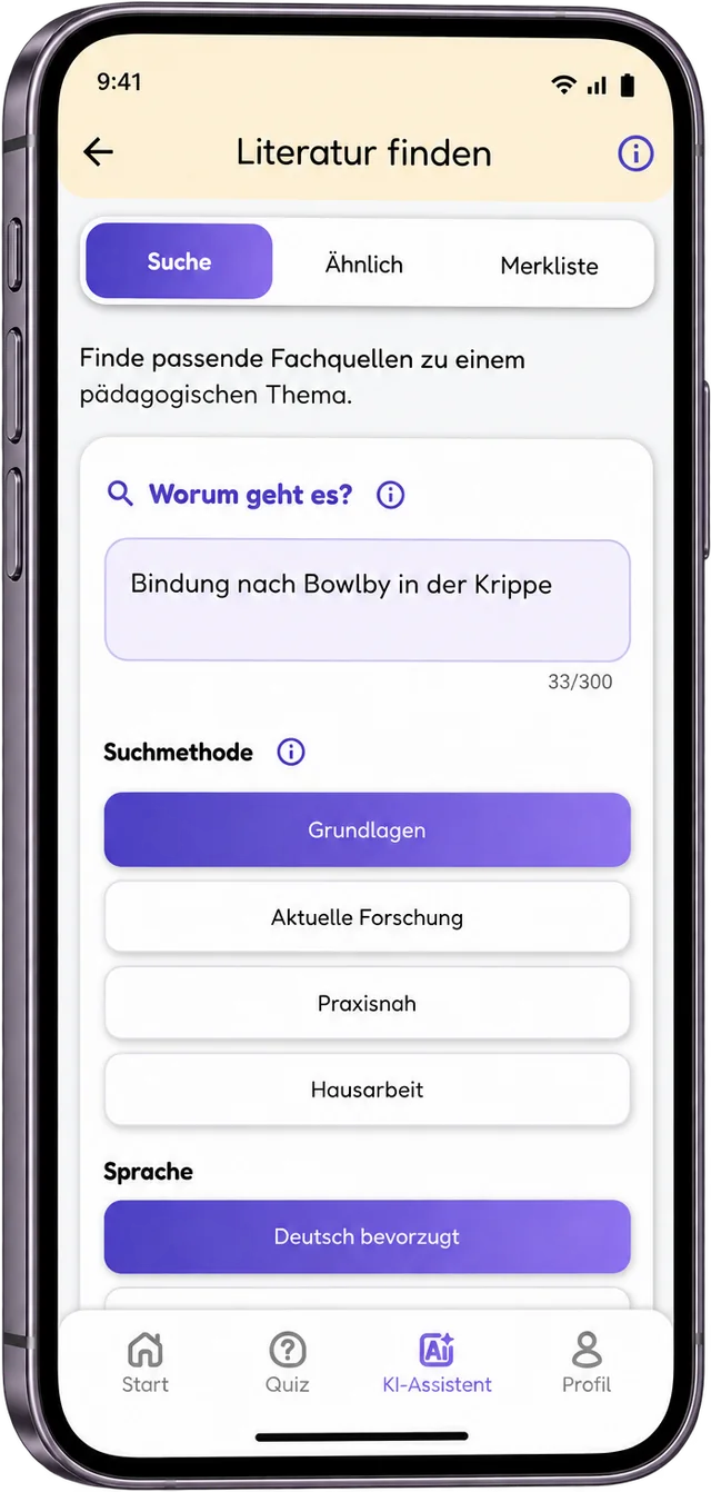 LernEWi Literatursuche mit dem Thema Bindung nach Bowlby in der Krippe und der Auswahl der Suchmethode.