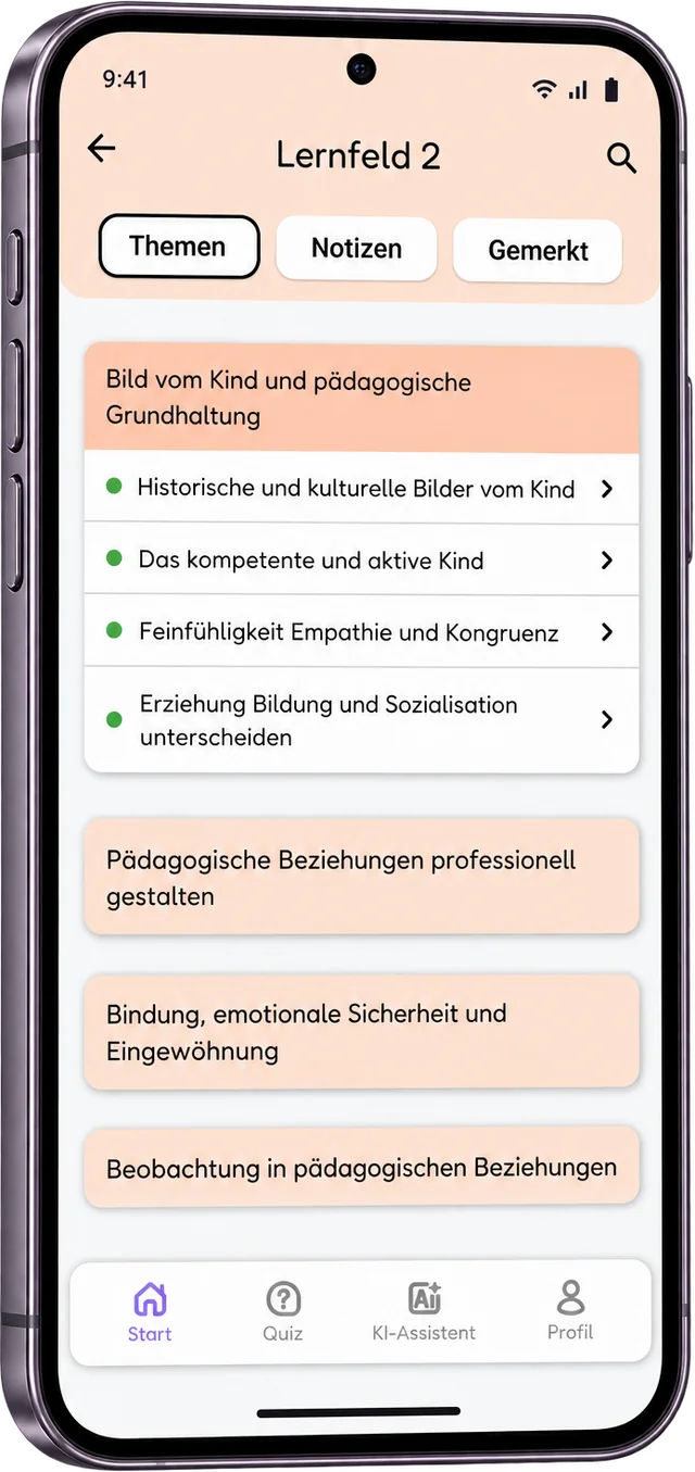 LernEWi Lernfeld 2 mit aufgeklappter Themengruppe und gelernten Themen.