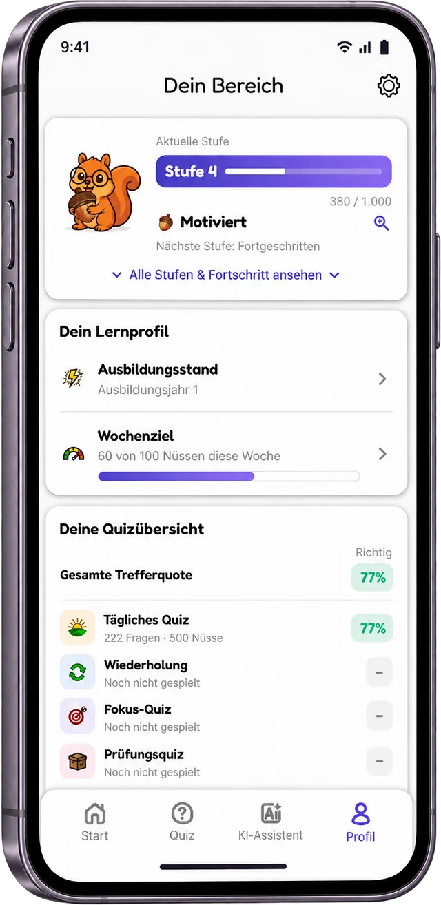 LernEWi Profil mit aktueller Stufe, Lernprofil, Wochenziel und Quizübersicht. Beispieldaten.