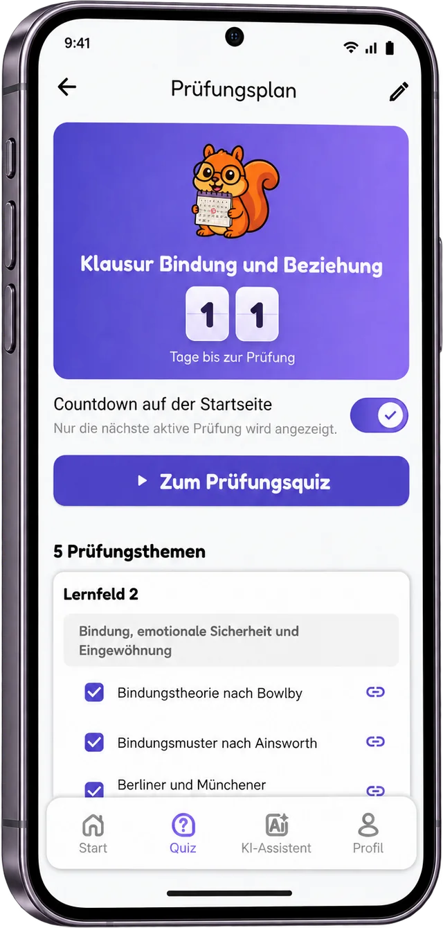 LernEWi Prüfungsplan für die Klausur Bindung und Beziehung mit Countdown von 11 Tagen und fünf Prüfungsthemen. Beispieldaten.
