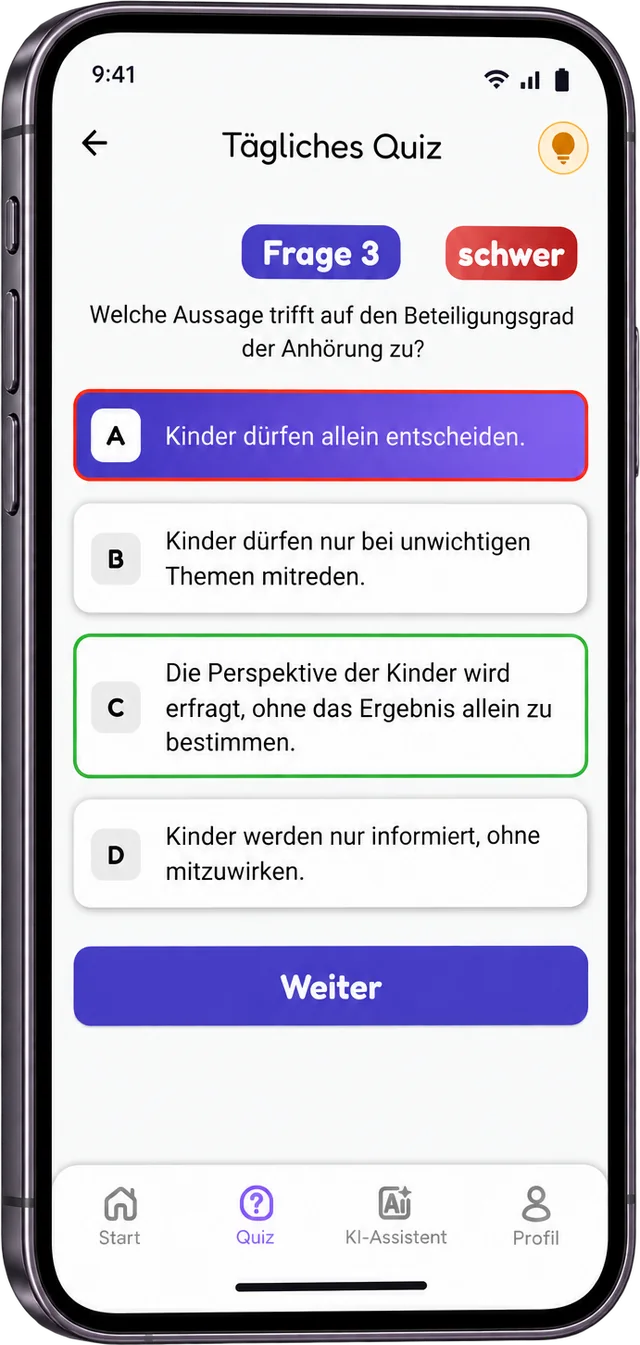 LernEWi tägliches Quiz: eine falsch gewählte Antwort ist rot markiert, die richtige grün.