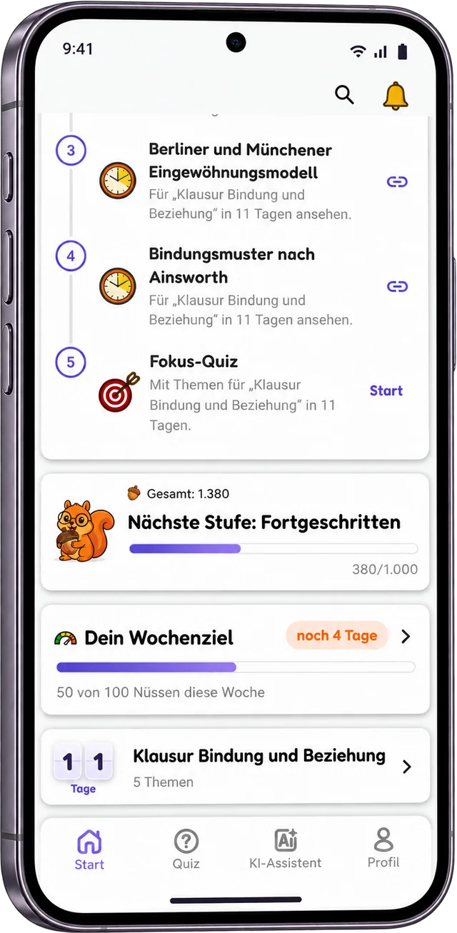 LernEWi Startseite mit Tagesplan, Stufenfortschritt, Wochenziel und Prüfungs-Countdown. Beispieldaten.