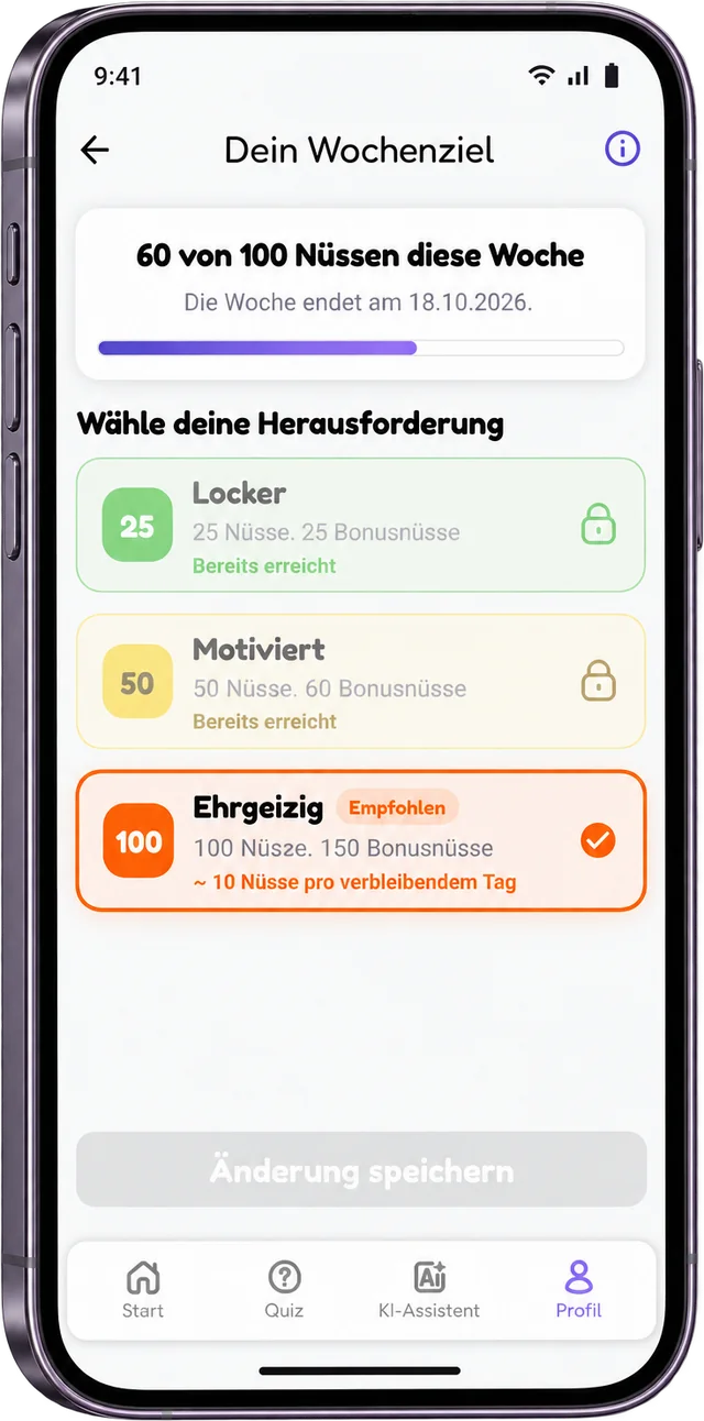 LernEWi Wochenziel mit 60 von 100 Nüssen und drei Herausforderungen. Beispieldaten.